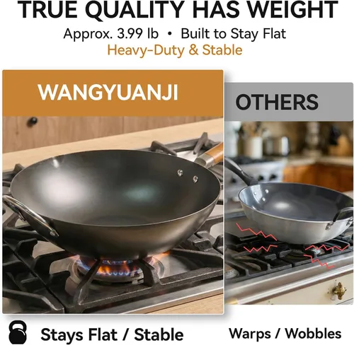 Miniatura 6 de WANGYUANJI Wok de Hierro, Woks de 14.2 Pulgadas para Saltear, Sartén China sin Recubrimiento, Olla de Hierro Tradicional de Fondo Plano