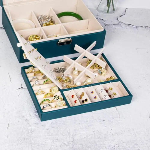 Miniatura 4 de SYCARON Joyero organizador para mujeres y niñas, estuche organizador de joyas de 2 capas, caja de almacenamiento de joyería de piel sintética