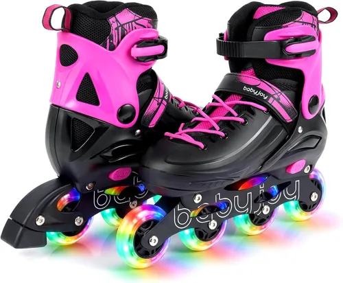 Miniatura 10 de BABY JOY Patines en línea, 4 tamaños ajustables para niños con ruedas iluminadas para niños de 5 a 14 años, divertidos patines iluminadores