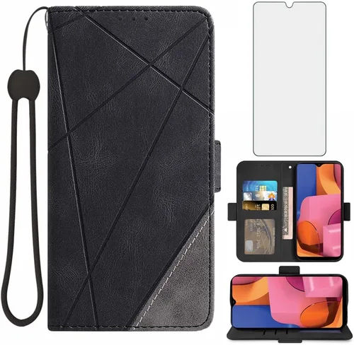 Asuwish Compatible con Samsung Galaxy A20s Funda tipo cartera y protector de pantalla de vidrio templado, soporte de tarjeta de TPU con tapa de