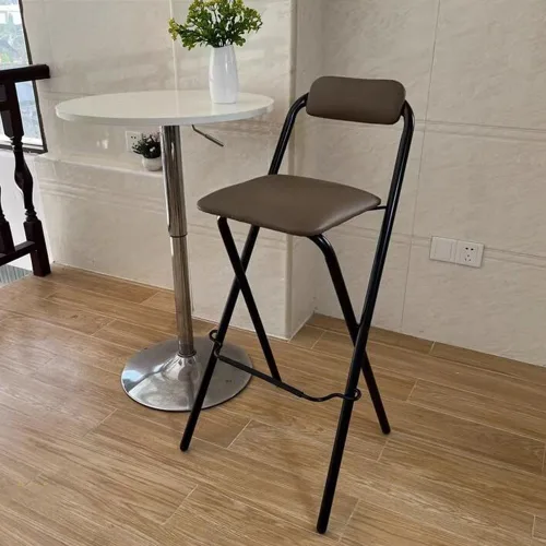 Miniatura 7 de Taburete de bar plegable de 26 ″/28 ″/30 ″, taburete de bar acolchado marrón rústico, silla alta de desayuno de cocina con respaldo y reposapiés