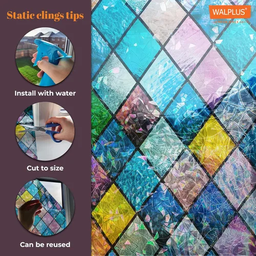 Miniatura 6 de WALPLUS Película decorativa de privacidad para ventana, diseño de arco iris, película extraíble para ventana, bloqueador solar estático, control