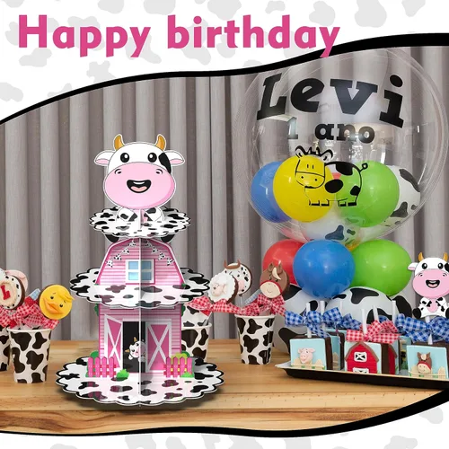 Miniatura 6 de Holy Cow I'm One Birthday Decor – Soporte de cartón con estampado de vaca de 3 niveles para fiesta de primer cumpleaños, soporte para cupcakes