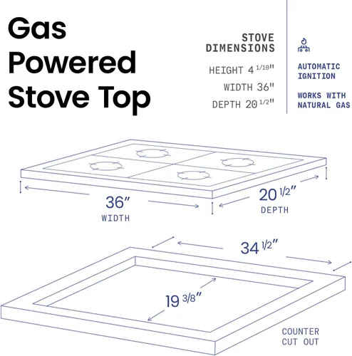 Miniatura 3 de ABBA - Placa de cocina de gas de 36 pulgadas con 5 quemadores sellados, rejilla en forma de X, superficie de vidrio templado con quemadores SABAF