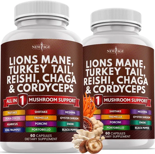 NEW AGE Suplemento de hongo de melena de león con cola de pavo Reishi Cordyceps Chaga con raíz de malvavisco - 120 unidades