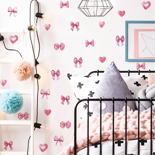 Miniatura 7 de Arawat 48 piezas de decoración de moño rosa para baño y dormitorio, calcomanías de pared de lazo y calcomanías para decoración de habitación