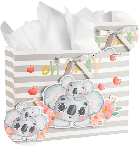Miniatura 7 de Loveinside Bolsa de regalo de koala gris bebé con papel de seda y tarjeta de felicitación para baby shower, nuevos padres y más, 16 x 6 x 12