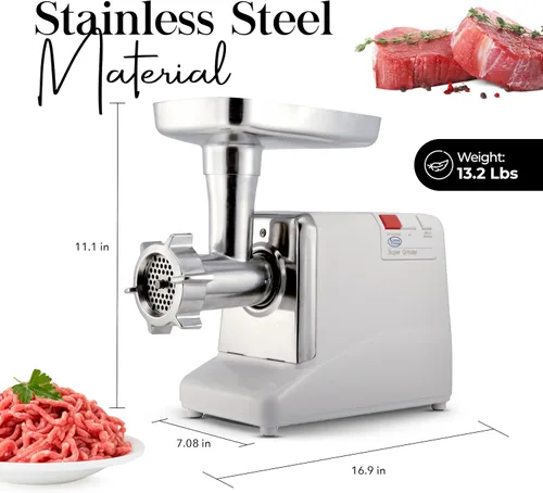 Miniatura 4 de Alpine Cuisine Picadora de carne eléctrica de acero inoxidable de 1000 W con aprobación UL, bandeja de carne de alta capacidad, máquina de relleno