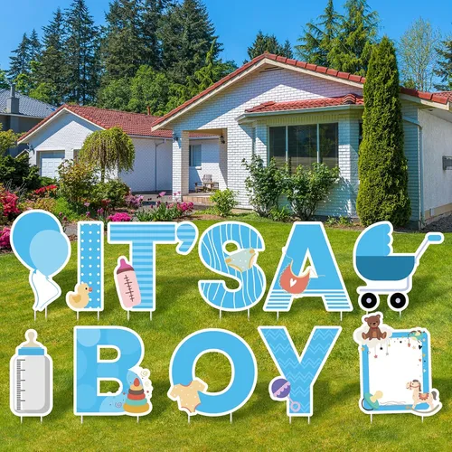 Miniatura 7 de Elcoho 11 carteles azules con estacas con texto en inglés "IT'S A Boy", incluye letras, globo, biberón, letrero para chupete de bebé para decoración
