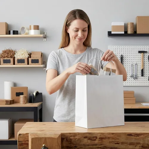 Miniatura 6 de PAICUIKE 50 bolsas de papel blanco con asas, grandes bolsas de compras de papel kraft de 11 x 6 x 11 pulgadas para venta al por menor, embalaje