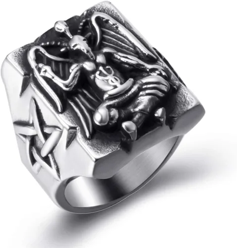 Miniatura 3 de ELFASIO Anillo de acero inoxidable para hombre baphomet satánico cabra sataná demonio diablo Leviatán cruz pentagrama símbolo joyería vintage Metal
