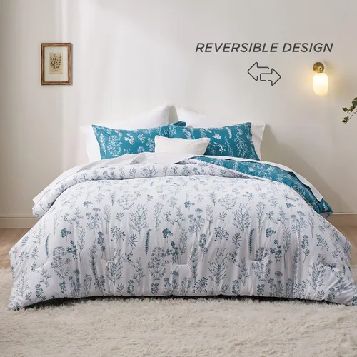 Miniatura 2 de Bedsure - Juego de edredón tamaño King, juego de ropa de cama azul teja, 3 piezas de ropa de cama floral bonita, 1 edredón reversible suave con 12