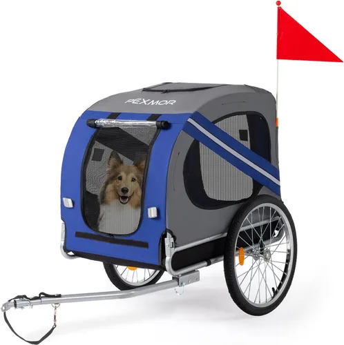 Miniatura 11 de PEXMOR Remolque de bicicleta para perros, carrito plegable para mascotas con enganche universal, transporte de carga para perro y ruedas de Azul