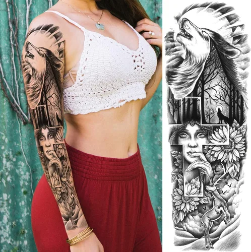 Miniatura 2 de Tatuajes de manga temporal de bosque para piernas de mujer, brazo completo, grande, leopardo, serpiente, león, lobo, tribal, manga de tatuaje falso