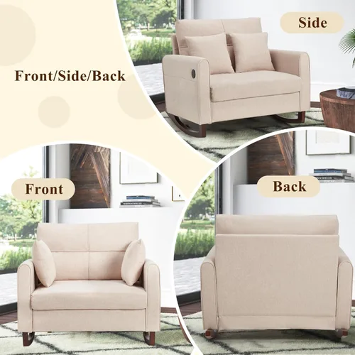 Miniatura 6 de HOMREST Mecedora Tapizada de Gran Tamaño, Mecedora para Guardería con Respaldo Alto y Bolsillo Lateral con Puerto USB, Sillón Oscilante Doble Ancho