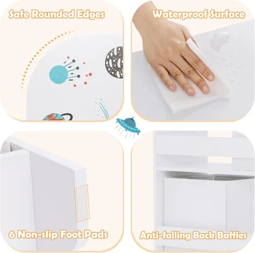 Miniatura 4 de Costzon Organizador de juguetes y libros para niños, estantería de almacenamiento de madera con 5 estantes abiertos, 2 cajas de almacenamiento y 3