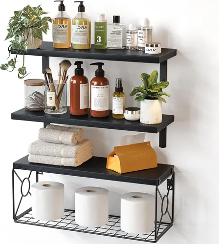 Amada - Estantes de baño con cesta de almacenamiento, estante de pared flotante para organización del hogar y decoración de pared, estantes de Negro