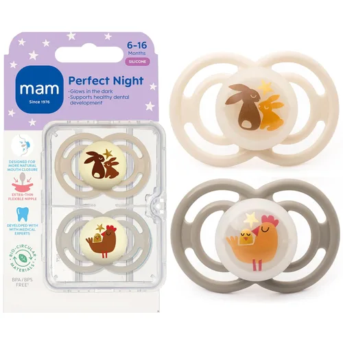 MAM Perfect Night - Chupete para bebé, pezón patentado, brilla en la oscuridad, paquete de 2, 6+ meses, unisex Amarillo Mantequilla/Shell