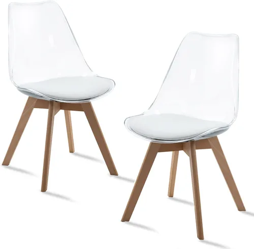 Miniatura 10 de Juego de 2 sillas de comedor transparentes, modernas sillas de comedor de acrílico con cojines de piel sintética y patas de madera, sillas laterales