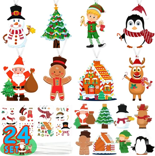 LINAYE Adornos de Navidad para niños y bebés, 24 piezas. Kit de manualidades para hacer tu propio adorno de Navidad. Ideal para bolsas de regalo,