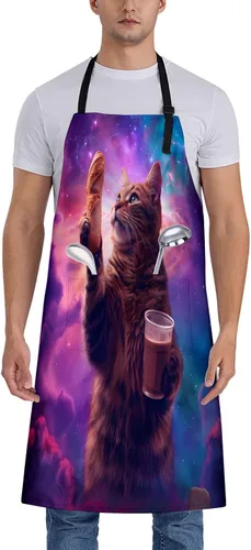 Miniatura 11 de Cosmic Pizza - Delantal de gato para mujer, 28 x 33 pulgadas, delantales de cocina con 2 bolsillos, poliéster, bonito delantal de gato para cocinar