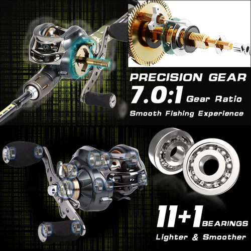 Miniatura 7 de Sougayilang Baitcaster Combo for Freshwater and Inshore, 2 Piece 30Ton+24Ton Graphite Fishing Rod with SuperPolymer Handle, 7.0:1 Gear Ratio Mano