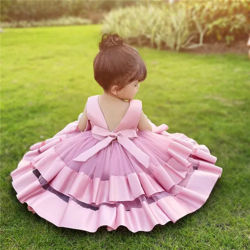 Miniatura 6 de 3M-6T Vestido de Concurso con Volantes de Encaje sin Espalda para Bebé Niña Vestido Tutú para Niña Pequeña Vestidos de Fiesta de Tul con Flores