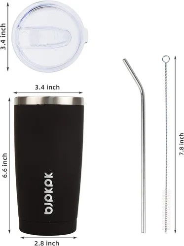Miniatura 3 de BJPKPK Vaso térmico negro con tapa y pajita, de acero inoxidable, de 20 onzas, para café Pintura de caucho negro