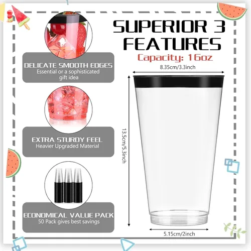 Miniatura 2 de Norme 50 vasos de graduación negros de 16 onzas desechables de plástico para fiestas, vasos de vino para fiestas, vasos antiguos para café, boda