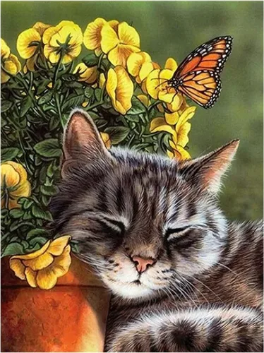 KEOOID Kits de pintura de diamantes de flores para adultos, niños y principiantes, arte redondo con gemas de gato y mariposa con diamantes 5D para