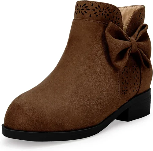 Botas de tobillo con nudo de lazo para niñas y niños, gamuza sintética, corte en V, tacón bajo apilado, cremallera lateral, zapatos Chelsea