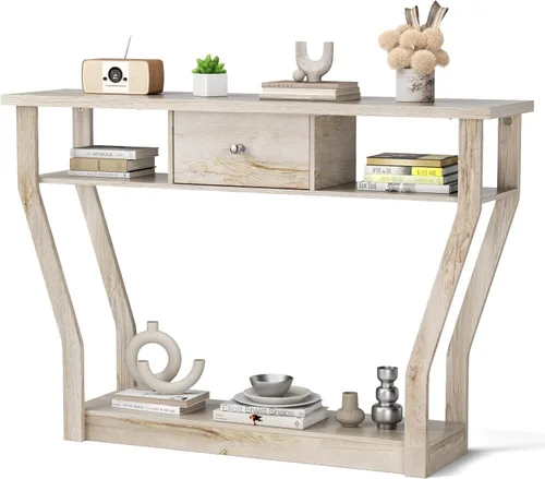 Miniatura 7 de BestComfort Mesa consola estrecha de 47 pulgadas con cajón, acento de entrada de madera de 3 niveles con estantes abiertos, mesa de sofá multiusos