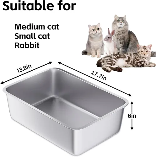 Miniatura 3 de Caja de arena de acero inoxidable, paquete de 2 cajas de arena de metal para gatos, caja de arena XL de acero inoxidable para gatos de 17.7 x 13.8 x