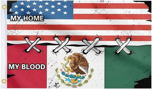 Cartel de bandera estadounidense de Estados Unidos y México de 3 x 5 pies, con texto en inglés "My Home My Blood" para decoración de interiores y