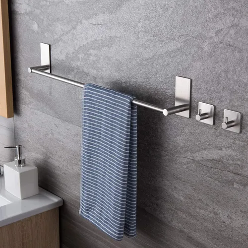 Miniatura 3 de Taozun Toallero de 16 pulgadas, soporte autoadhesivo para toallas de baño con 2 paquetes de ganchos para toallas, kit de accesorios de baño de acero