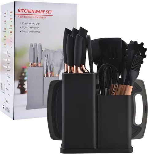 Miniatura 11 de Juego de utensilios de cocina y cuchillos de 19 piezas con bloque, 9 piezas de utensilios de cocina de silicona, 5 piezas afiladas de acero Beige
