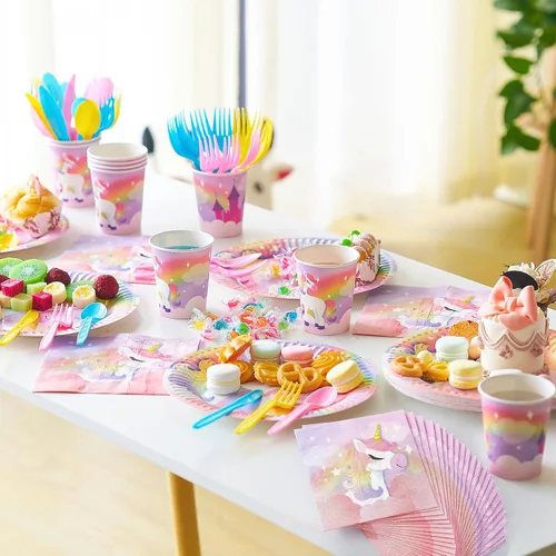 Miniatura 7 de JOYIN 145 piezas de suministros para fiesta de cumpleaños de unicornio con pancarta de unicornio para niñas, juego de vajilla desechable