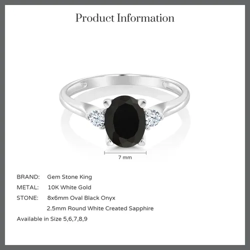 Miniatura 6 de Gem Stone King Anillo de compromiso de 3 piedras de oro blanco de 10 quilates con ónix negro y zafiro blanco creado para mujer