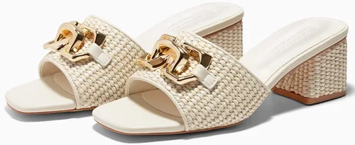 Miniatura 5 de Coutgo Sandalias de cuña con tacón grueso de rafía para mujer, con punta abierta, cuadradas, con cadena metálica, sin cordones, elegantes