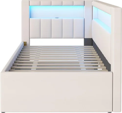 Miniatura 6 de Cama de plataforma tapizada de tamaño individual con puertos USB y luces LED, sofá cama con nido y cabecera en forma de L, cama esquinera suave