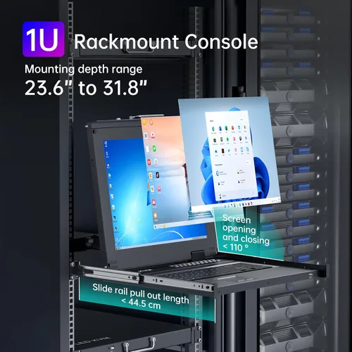 Miniatura 4 de MT-VIKI Conmutador KVM para rack con monitor LCD de 17 pulgadas, conmutador KVM VGA de 16 puertos con monitor táctil de teclado, apto para rack