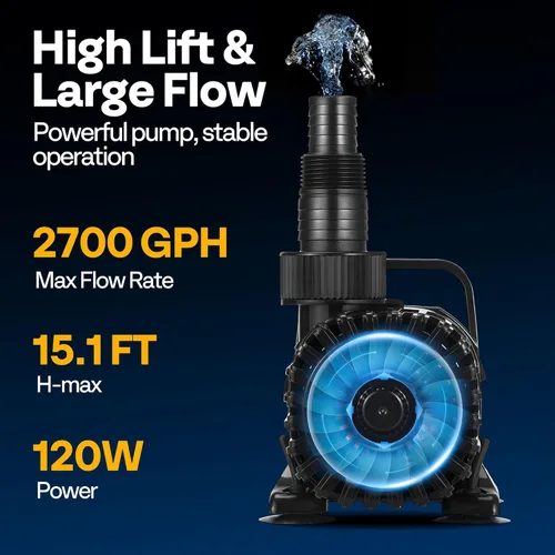 Miniatura 2 de VIVOHOME Bomba de agua sumergible de 120W 2700GPH con salida de agua ajustable de 180°, elevación alta de 15.1 pies para fuentes en cascada, pecera