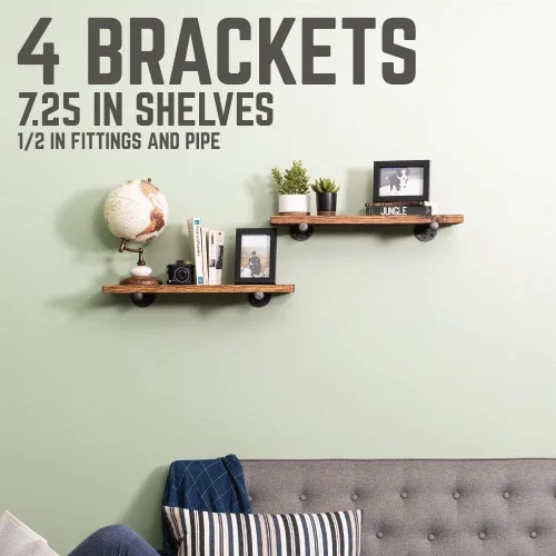 Miniatura 3 de Rustic Pipe Decor Soporte para estante industrial, juego de cuatro accesorios de hierro negro, bridas y tuberías para estantes flotantes