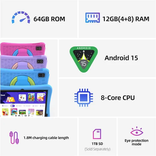 Miniatura 4 de plimpton Tablet infantil mejorada 2026, tableta Android 15 de 10 pulgadas para niños con funda incluida, Octa-Core, Google Kids Space, control