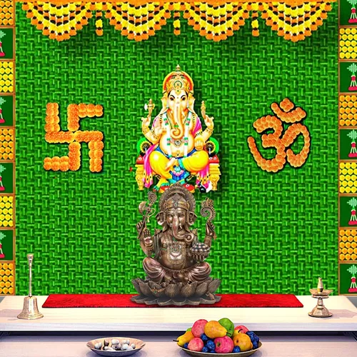 Miniatura 2 de SATVIK - Telón de fondo de tela para decoración de Pooja india, foto Ganpati, telón de fondo tradicional de tela Puja, festival Mehndi Diwali