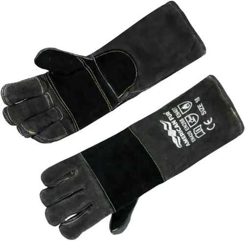 Guantes de cuero para soldadura/barbacoa, 16 pulgadas, negro-gris, resistentes al calor/fuego, guantes para