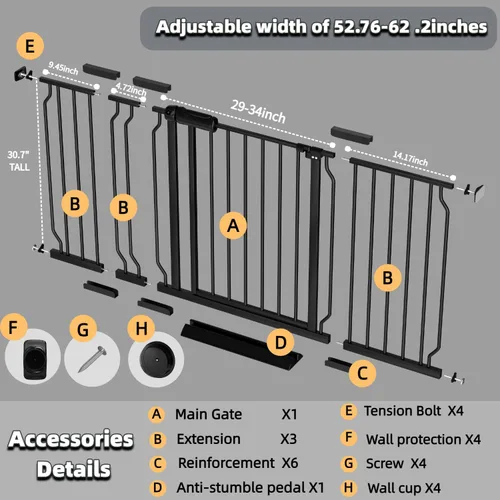 Miniatura 2 de Puerta para bebé extra ancha con puerta, 52.76 ~ 62.2 pulgadas de ancho, montada a presión, sin taladro, puerta de metal con cierre automático