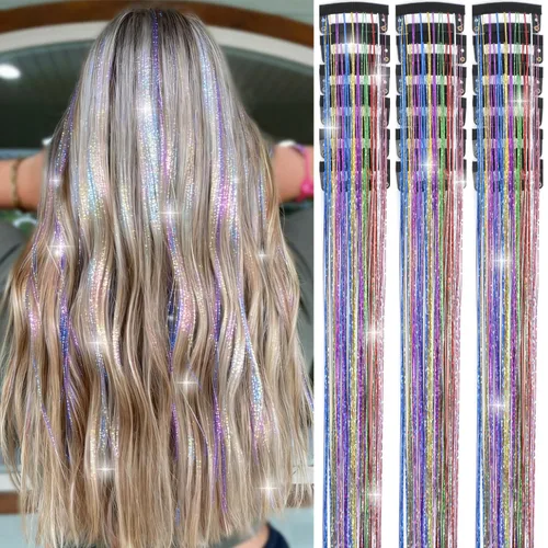 Miniatura 14 de Paquete de 12 extensiones de cabello de oropel con clip, 24 pulgadas, accesorios para el cabello de hada brillante para niñas y mujeres, fiesta