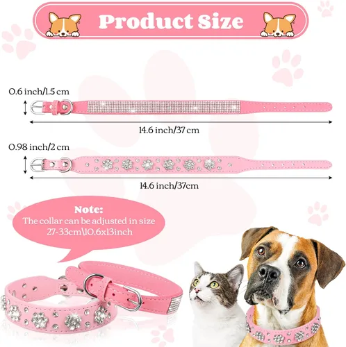 Miniatura 6 de 2 Piezas Collares de Cuero PU para Perro Rosa con Pedrería Collar para Mascotas con Patrón de Flores Collar para Perro con Tachuelas Ajustable