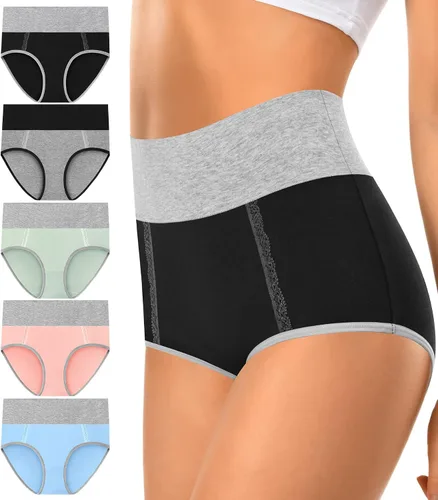 MISSWHO Womens Cotton High Waist Underwear Double Layered Waistband Full Coverage Panties Ladies Briefs Multipack
